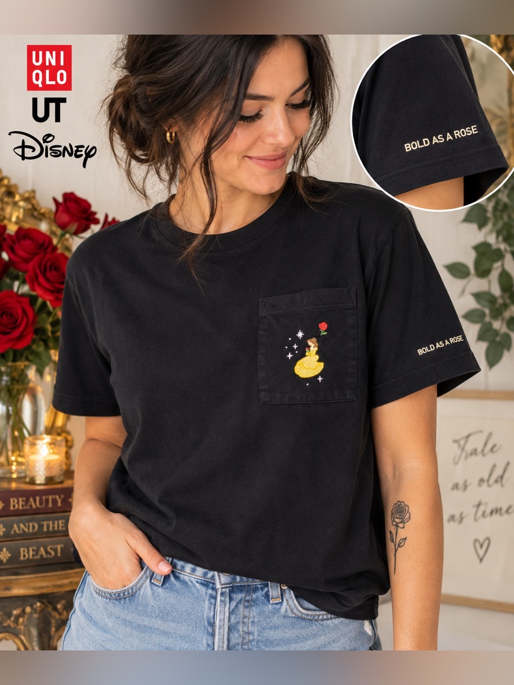 Uniqlo UT Disney Beauty and the Beast Belle Embroidered Pocket T-Shirt Medium
